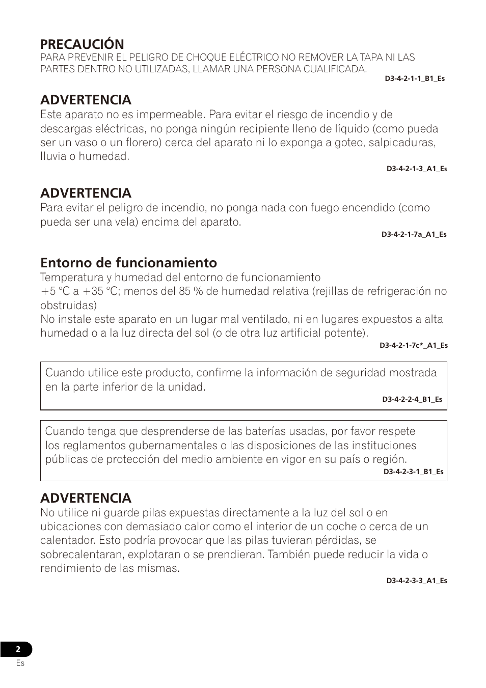 Advertencia, Entorno de funcionamiento, Precaución | Pioneer VMS-550 User Manual | Page 32 / 92