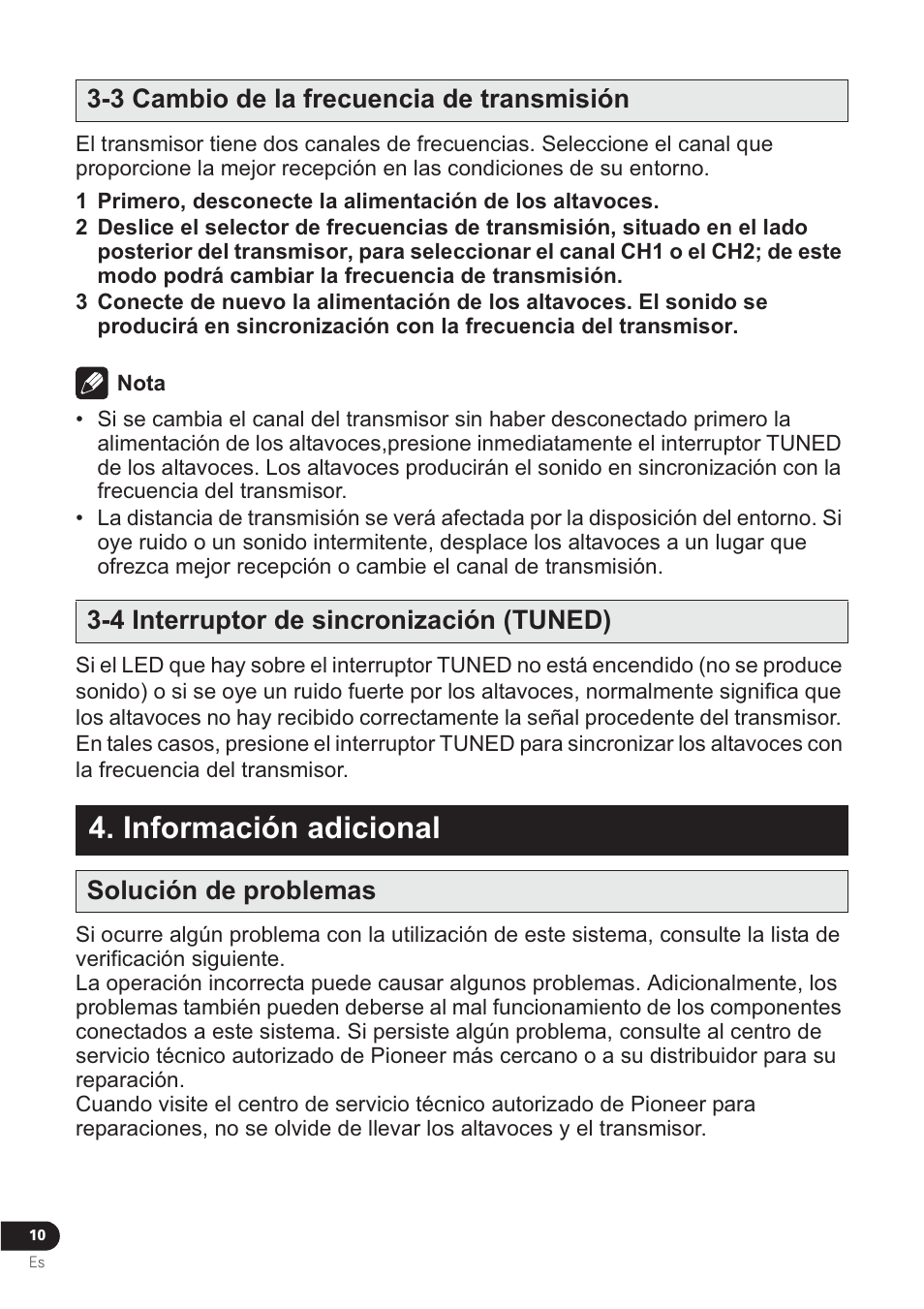 Información adicional, Solución de problemas | Pioneer VMS-550 User Manual | Page 40 / 92