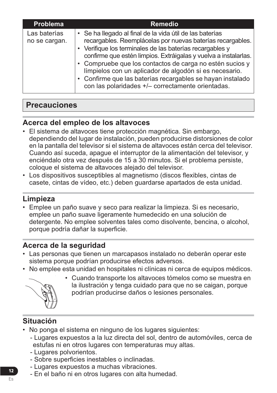 Precauciones, Acerca del empleo de los altavoces, Limpieza | Acerca de la seguridad, Situación, Problema remedio | Pioneer VMS-550 User Manual | Page 42 / 92