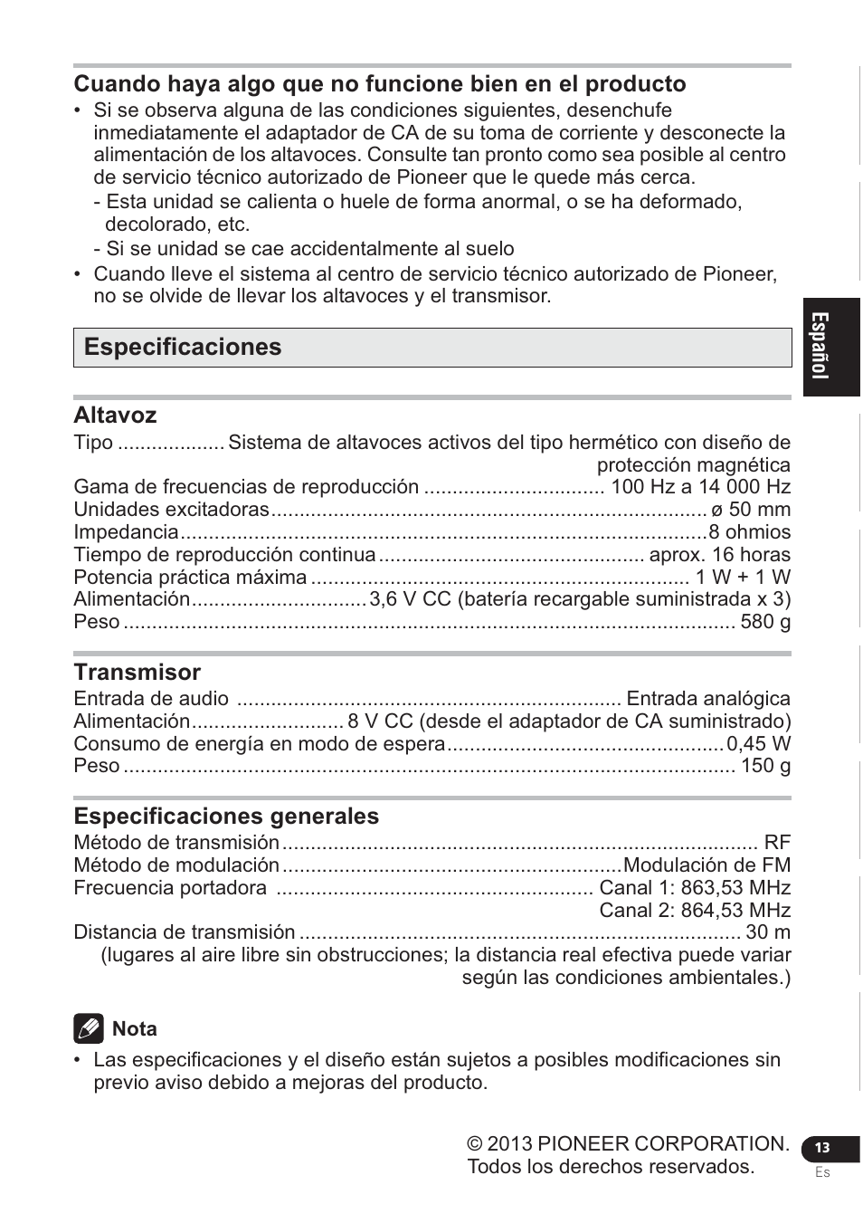 Especificaciones | Pioneer VMS-550 User Manual | Page 43 / 92