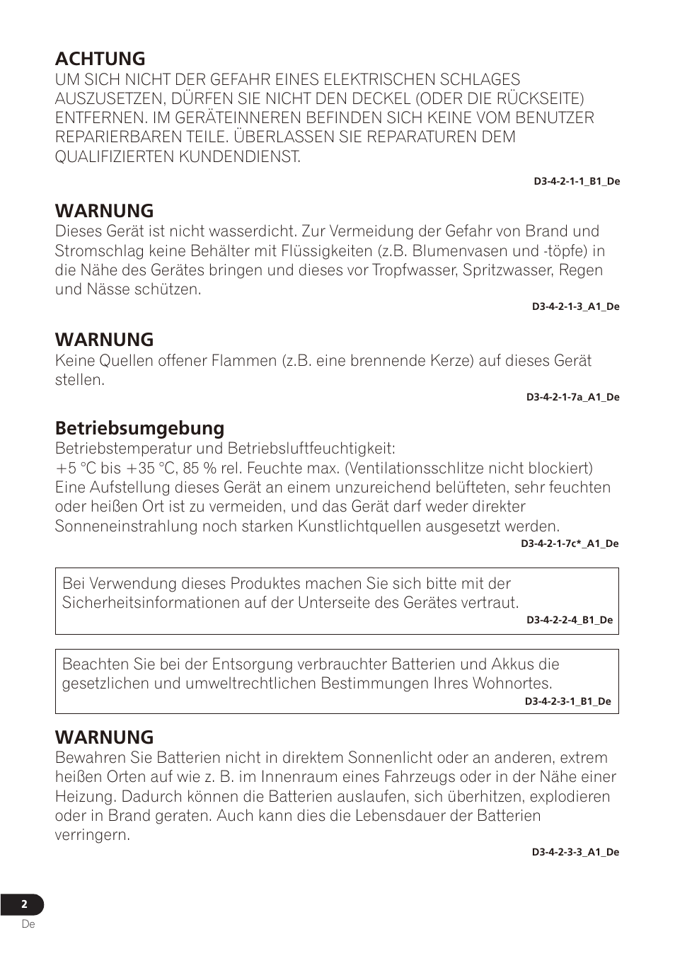 Warnung, Betriebsumgebung, Achtung | Pioneer VMS-550 User Manual | Page 44 / 92