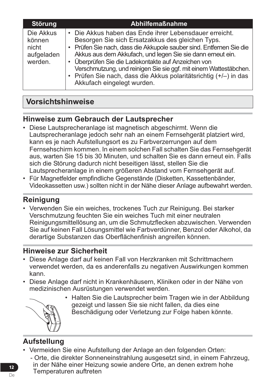 Vorsichtshinweise, Hinweise zum gebrauch der lautsprecher, Reinigung | Hinweise zur sicherheit, Aufstellung, Störung abhilfemaßnahme | Pioneer VMS-550 User Manual | Page 54 / 92