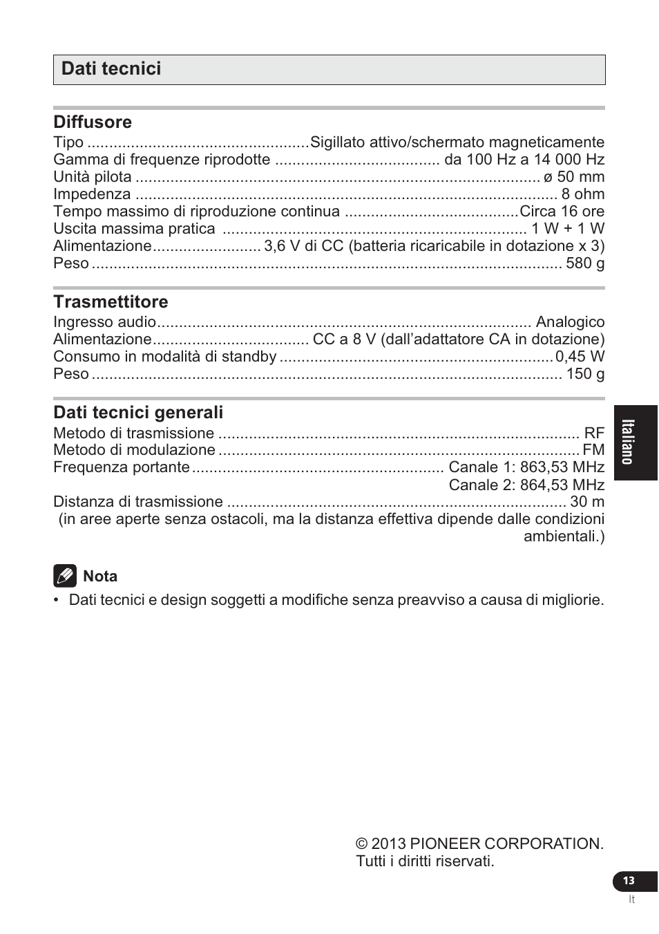 Dati tecnici | Pioneer VMS-550 User Manual | Page 67 / 92