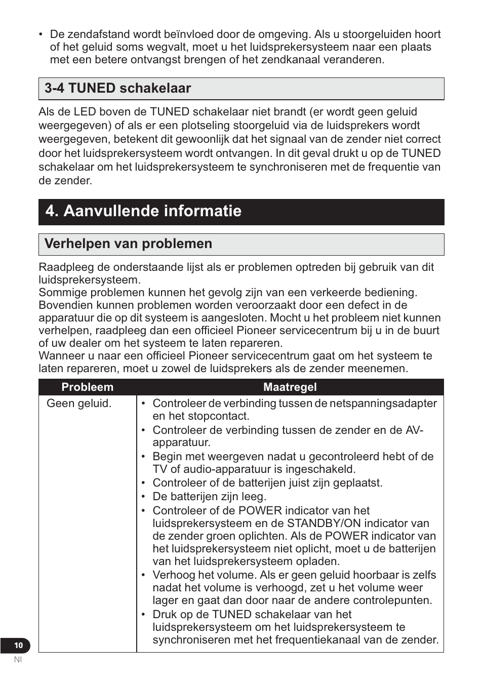 Aanvullende informatie, 4 tuned schakelaar, Verhelpen van problemen | Pioneer VMS-550 User Manual | Page 76 / 92