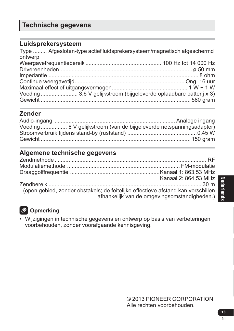 Technische gegevens | Pioneer VMS-550 User Manual | Page 79 / 92