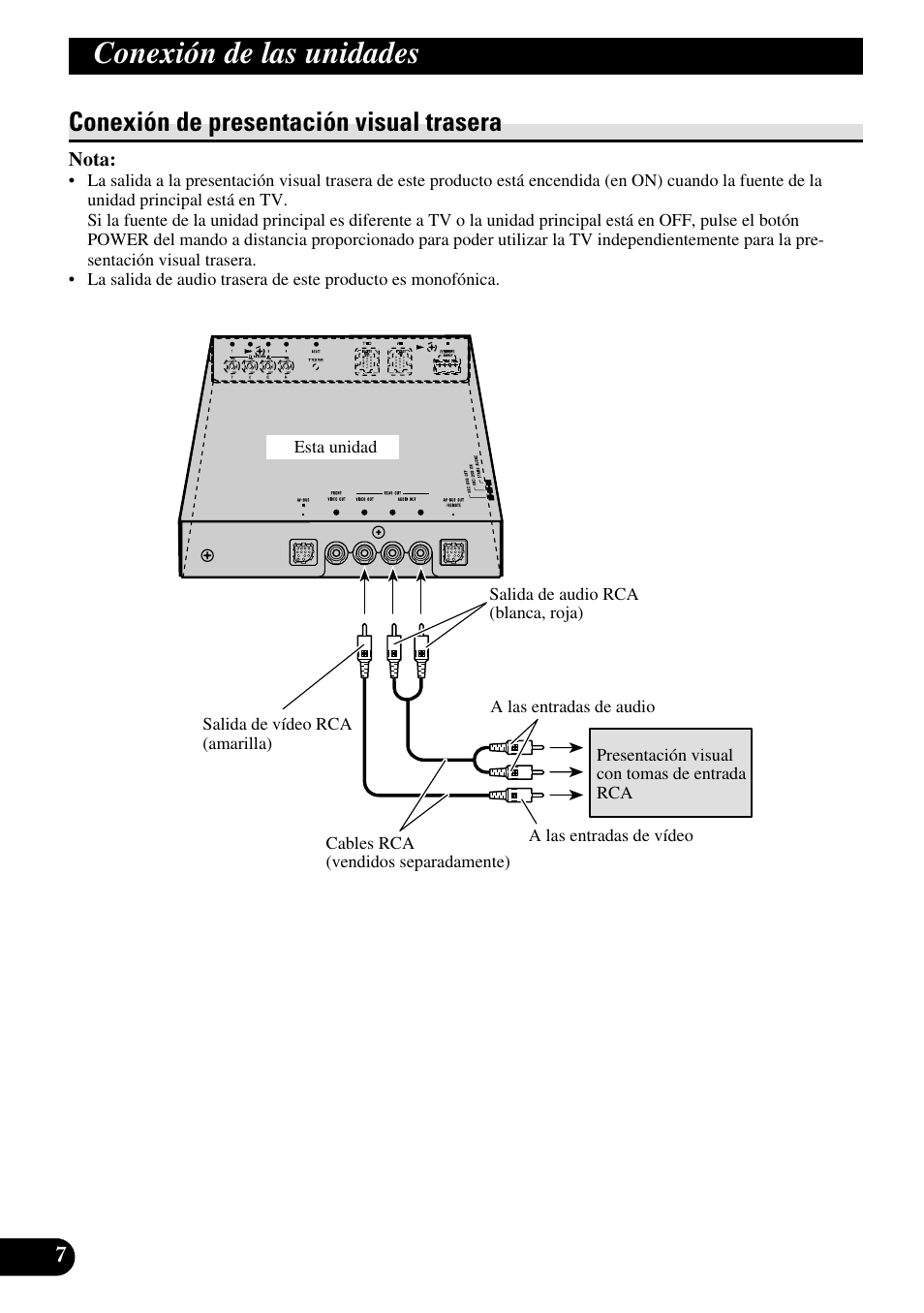 Conexión de presentación visual trasera, A title (english), Conexión de las unidades | Pioneer GEX-P5700TVP User Manual | Page 16 / 50