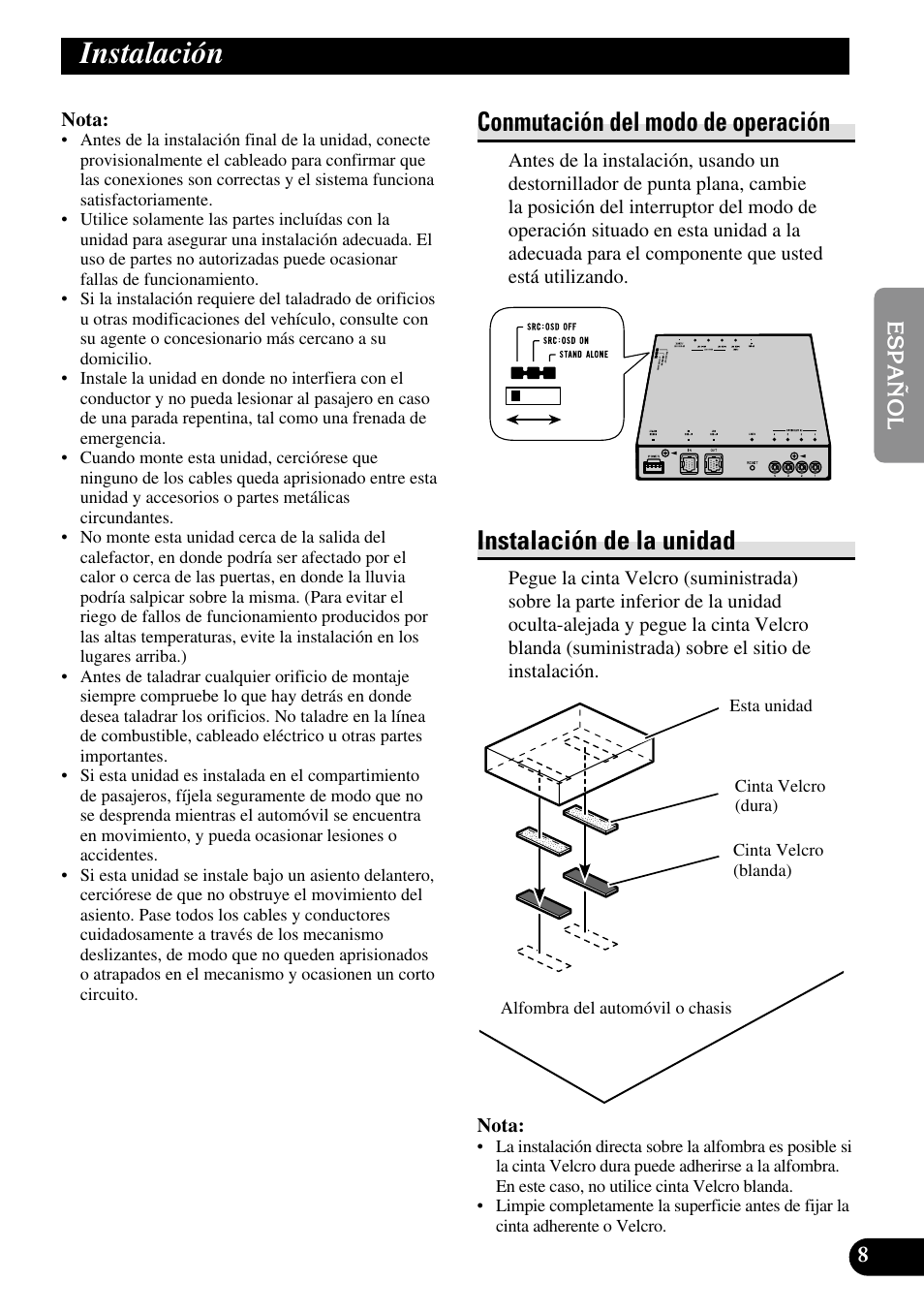 Instalación, Conmutación del modo de operación, Instalación de la unidad | Pioneer GEX-P5700TVP User Manual | Page 17 / 50