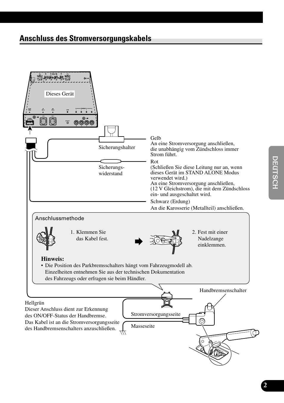 Anschluss des, Stromversorgungskabels, Anschluss des stromversorgungskabels | Pioneer GEX-P5700TVP User Manual | Page 19 / 50