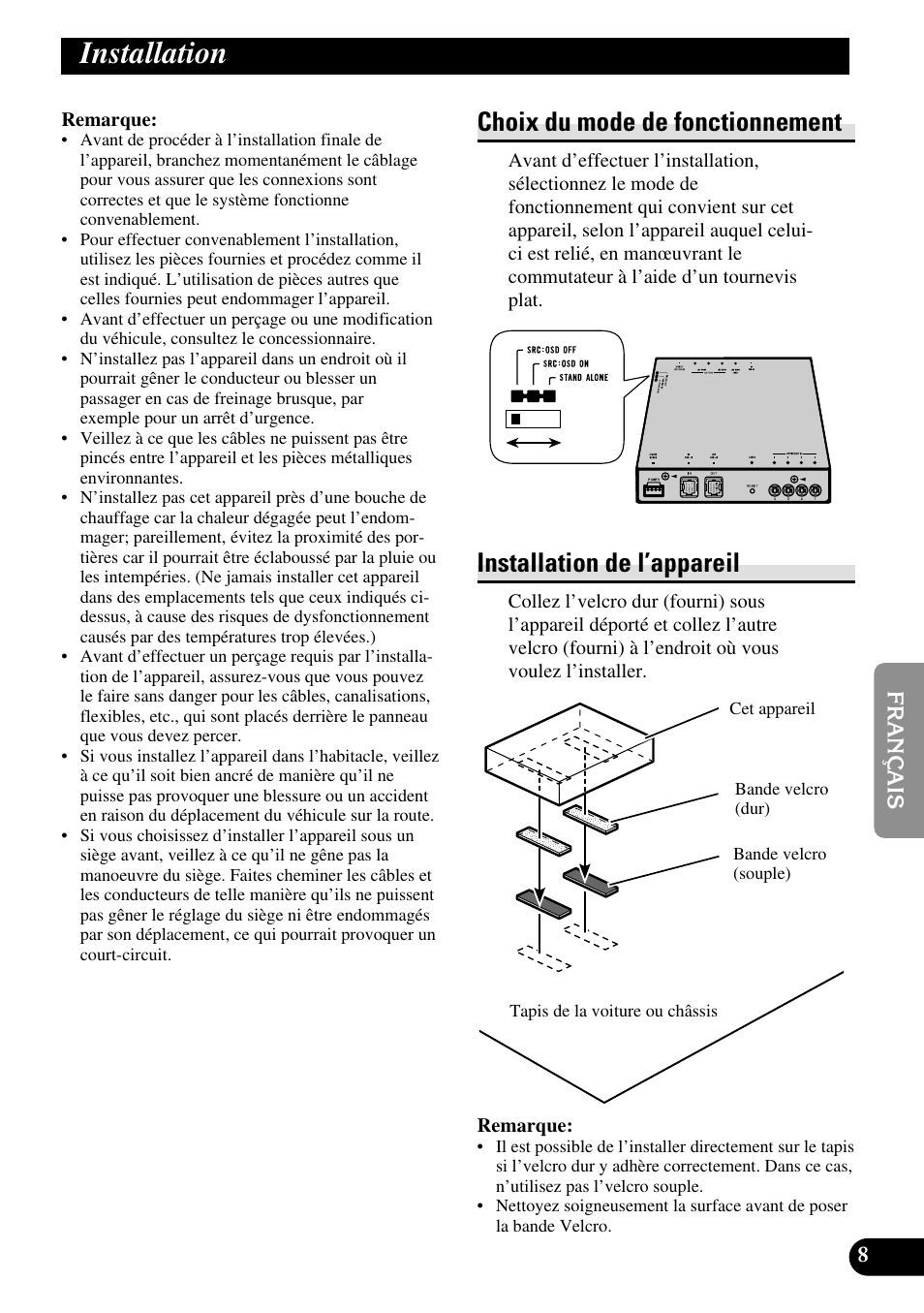 Installation, Choix du mode de fonctionnement, Installation de l’appareil | Pioneer GEX-P5700TVP User Manual | Page 33 / 50