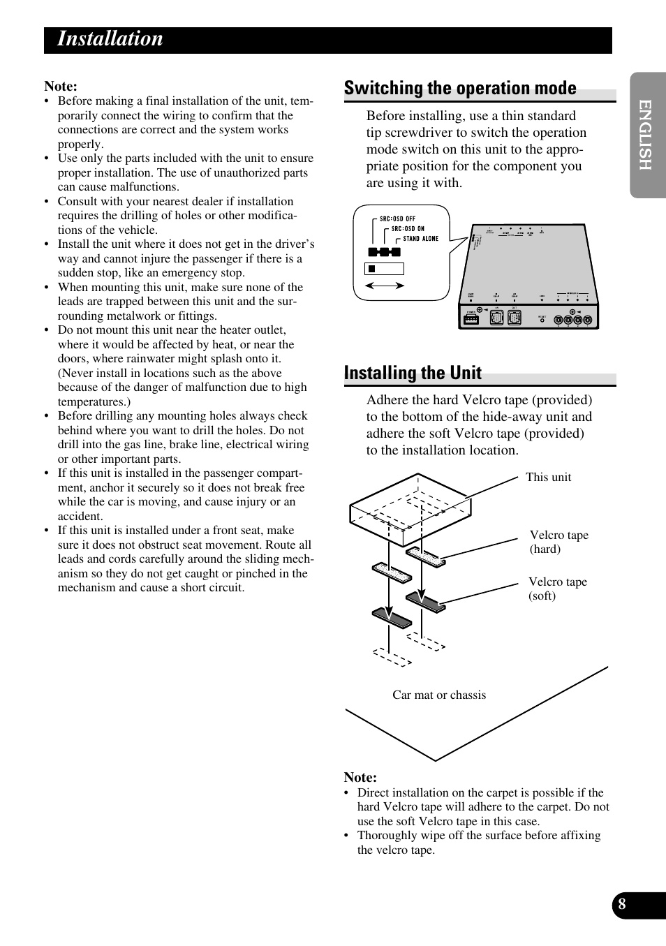 Installation, Switching the operation mode installing the unit, Switching the operation mode | Installing the unit | Pioneer GEX-P5700TVP User Manual | Page 9 / 50