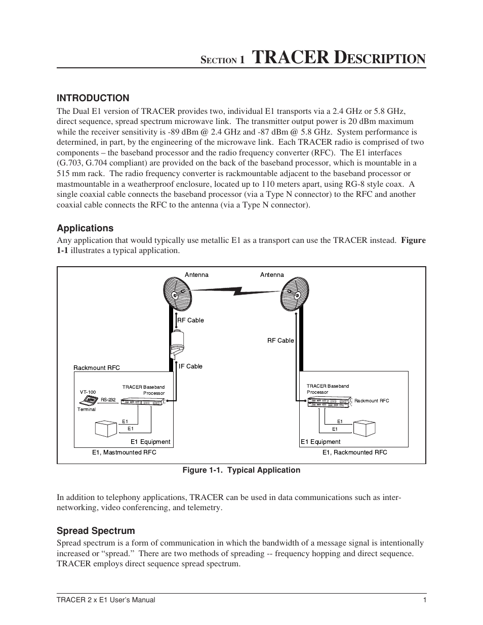 Section 1. tracer description, Introduction, Applications | Spread spectrum, Figure 1-1, Typical application, Tracer d, Escription | ADTRAN Tracer 2 x E1 User Manual | Page 11 / 62