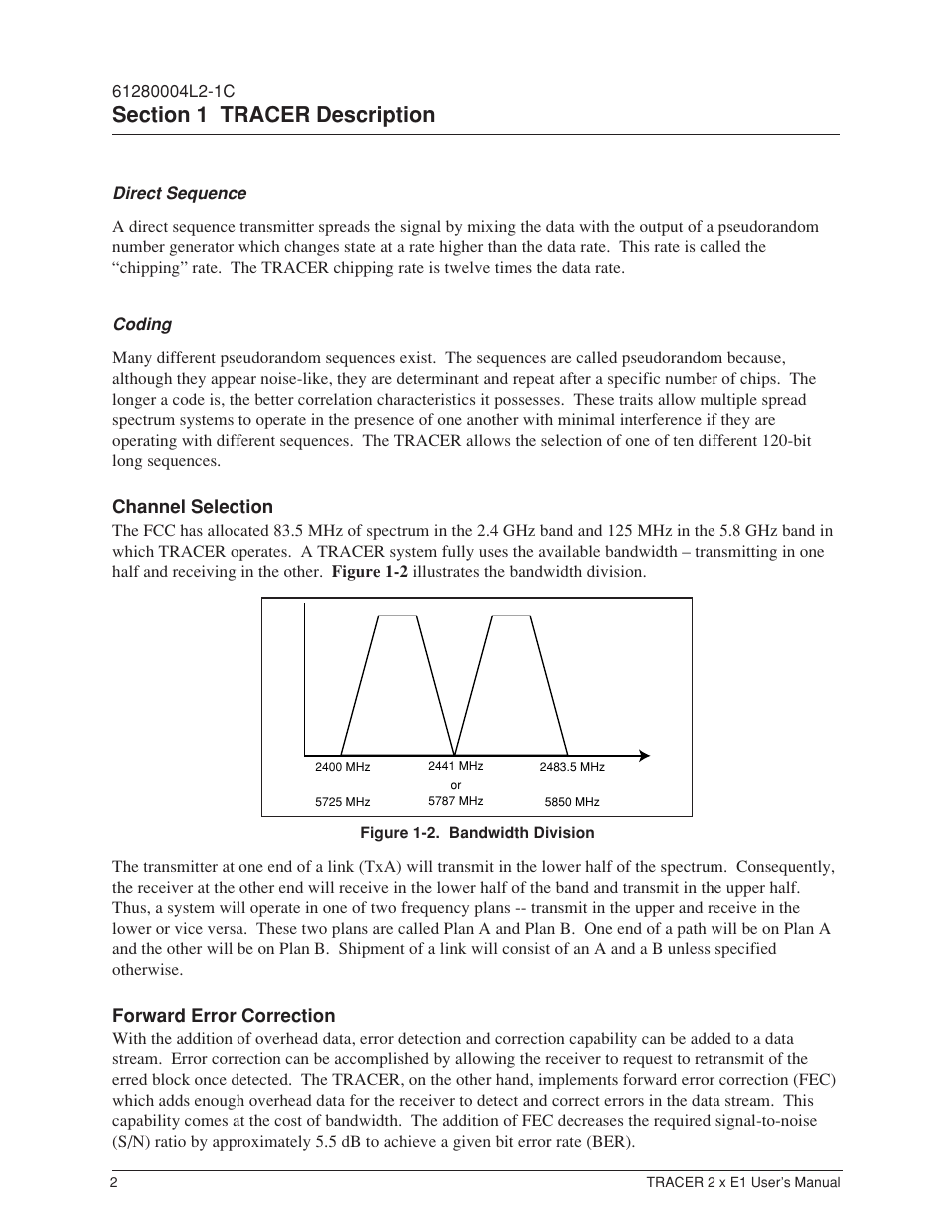 Direct sequence, Coding, Channel selection | Forward error correction, Figure 1-2, Bandwidth division | ADTRAN Tracer 2 x E1 User Manual | Page 12 / 62