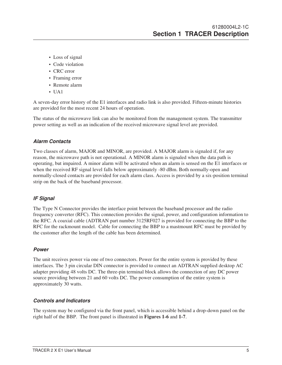 Alarm contacts, If signal, Power | Controls and indicators | ADTRAN Tracer 2 x E1 User Manual | Page 15 / 62