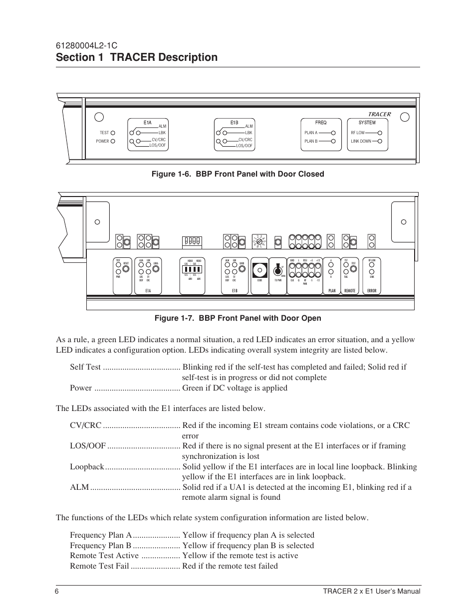 Figure 1-6, Bbp front panel (with door closed), Figure 1-7 | Bbp front panel (with door open), Figure 1-6. bbp front panel with door closed, Figure 1-7. bbp front panel with door open, Tracer 2 x e1 user’s manual | ADTRAN Tracer 2 x E1 User Manual | Page 16 / 62