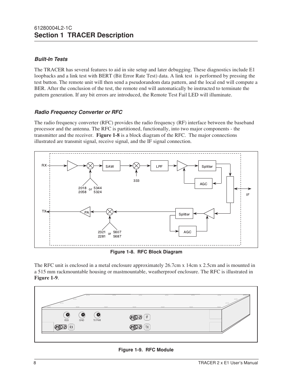 Built-in tests, Radio frequency converter or rfc, Figure 1-8 | Rfc function block diagram, Figure 1-9, Rfc module | ADTRAN Tracer 2 x E1 User Manual | Page 18 / 62