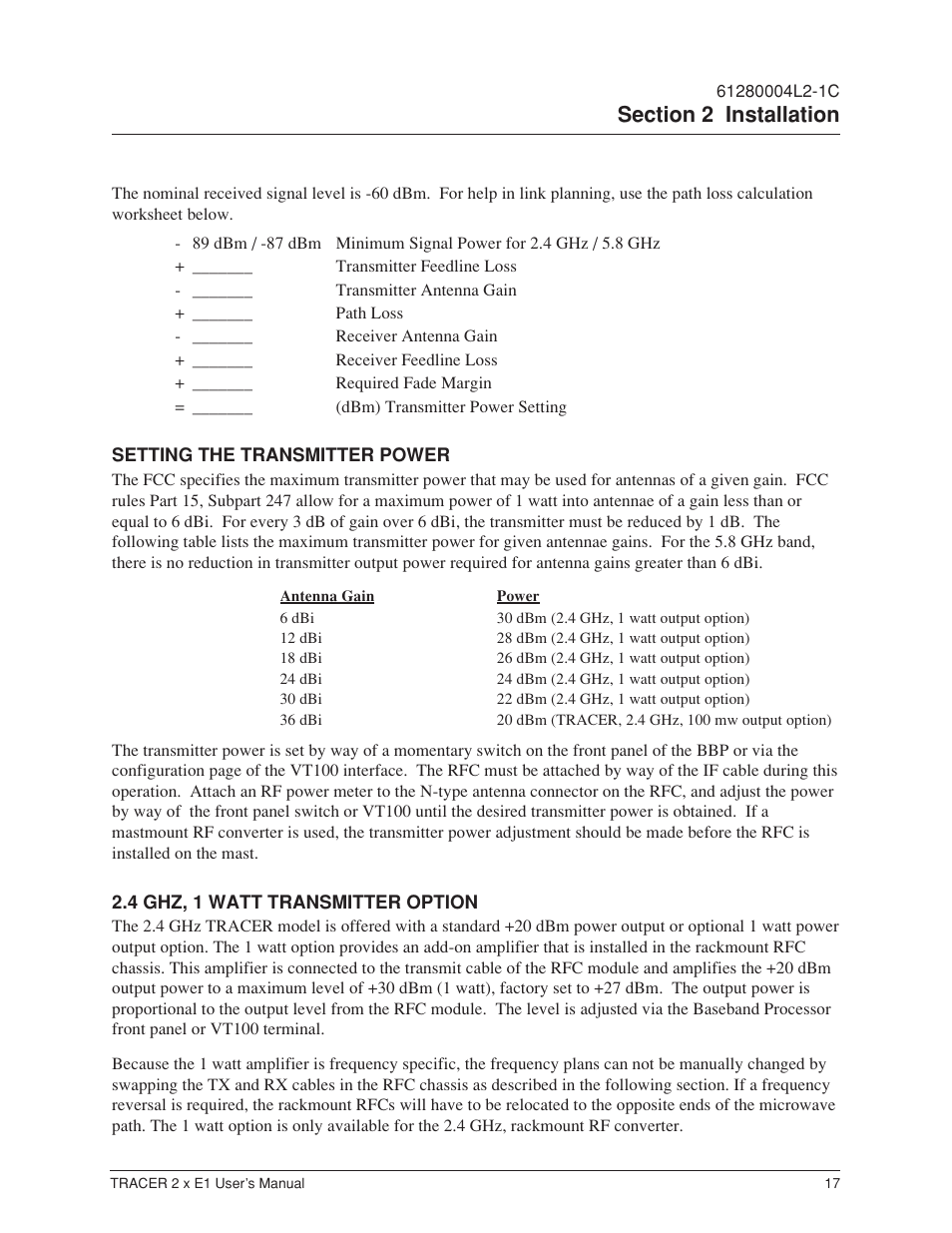 Setting the transmitter power, 4 ghz, 1 watt transmitter option | ADTRAN Tracer 2 x E1 User Manual | Page 27 / 62