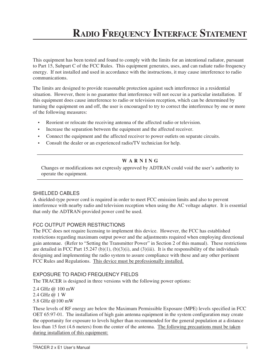 Radio frequency interface statement, Adio, Requency | Nterface, Tatement | ADTRAN Tracer 2 x E1 User Manual | Page 3 / 62