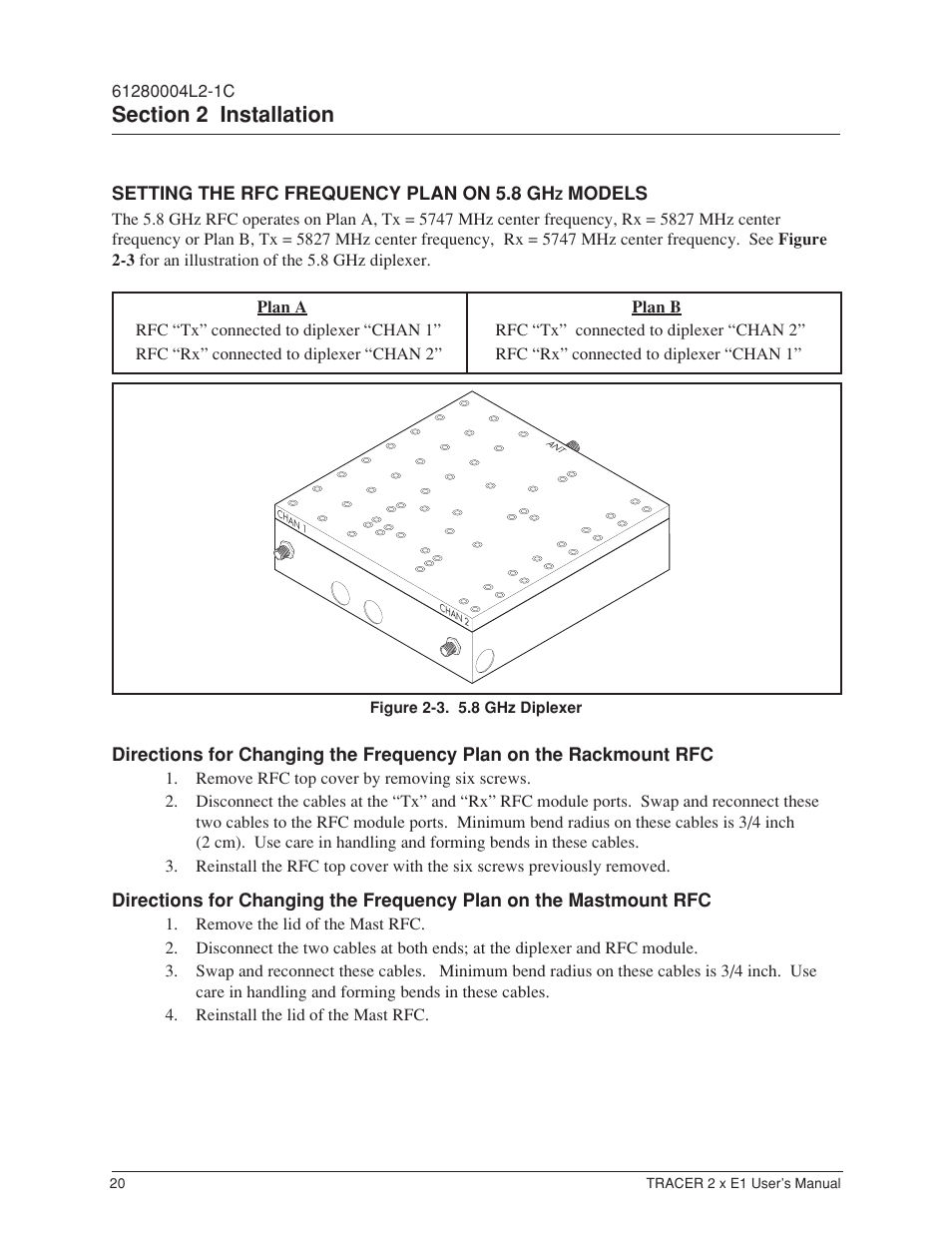 Setting the rfc frequency plan on 5.8 ghz models, Figure 2-3, 8 ghz diplexer | ADTRAN Tracer 2 x E1 User Manual | Page 30 / 62