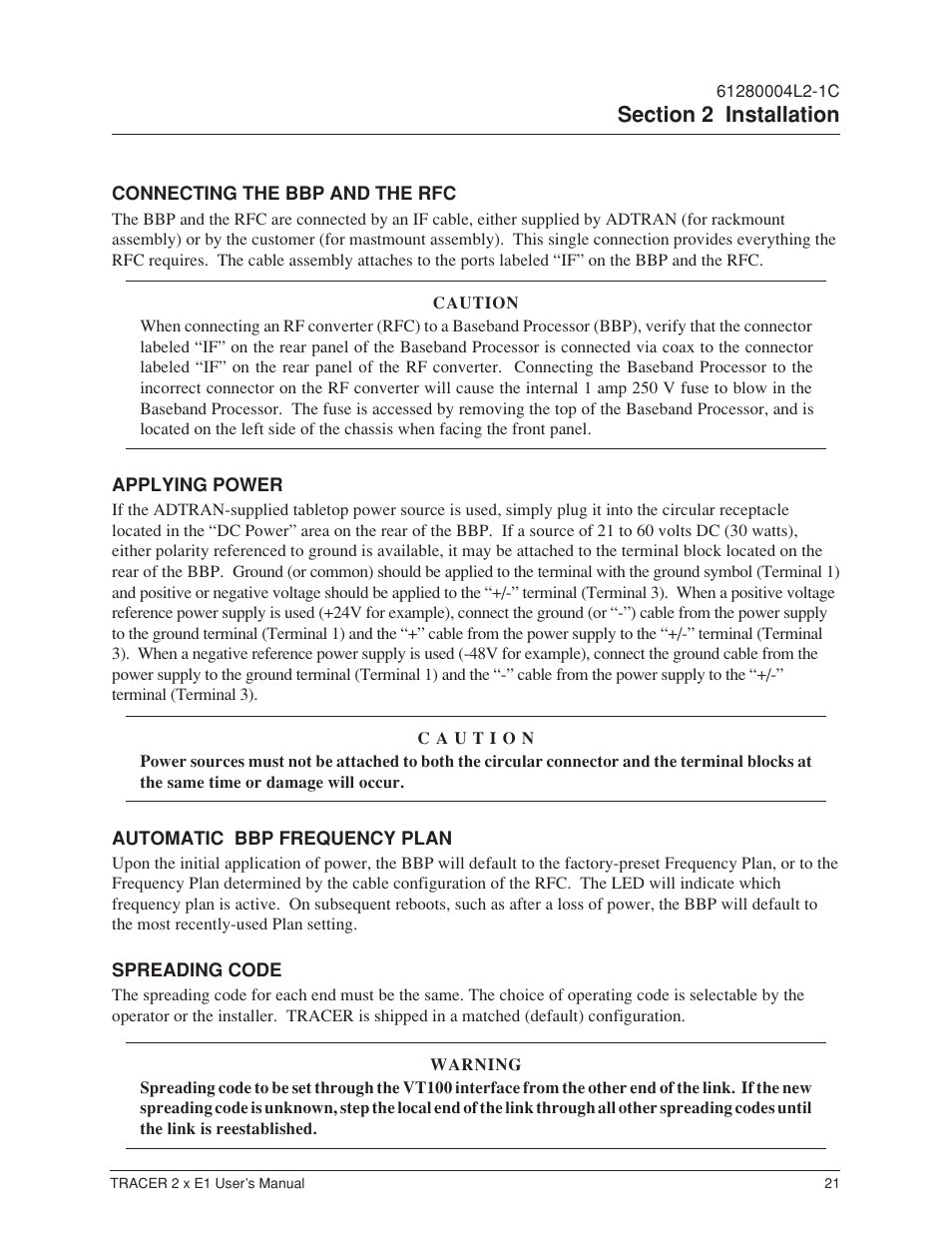 Connecting the bbp and the rfc, Applying power, Automatic bbp frequency plan | Spreading code | ADTRAN Tracer 2 x E1 User Manual | Page 31 / 62