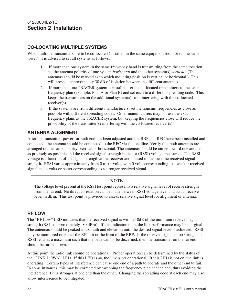 Co-locating multiple systems, Antenna alignment, Rf low | ADTRAN Tracer 2 x E1 User Manual | Page 32 / 62