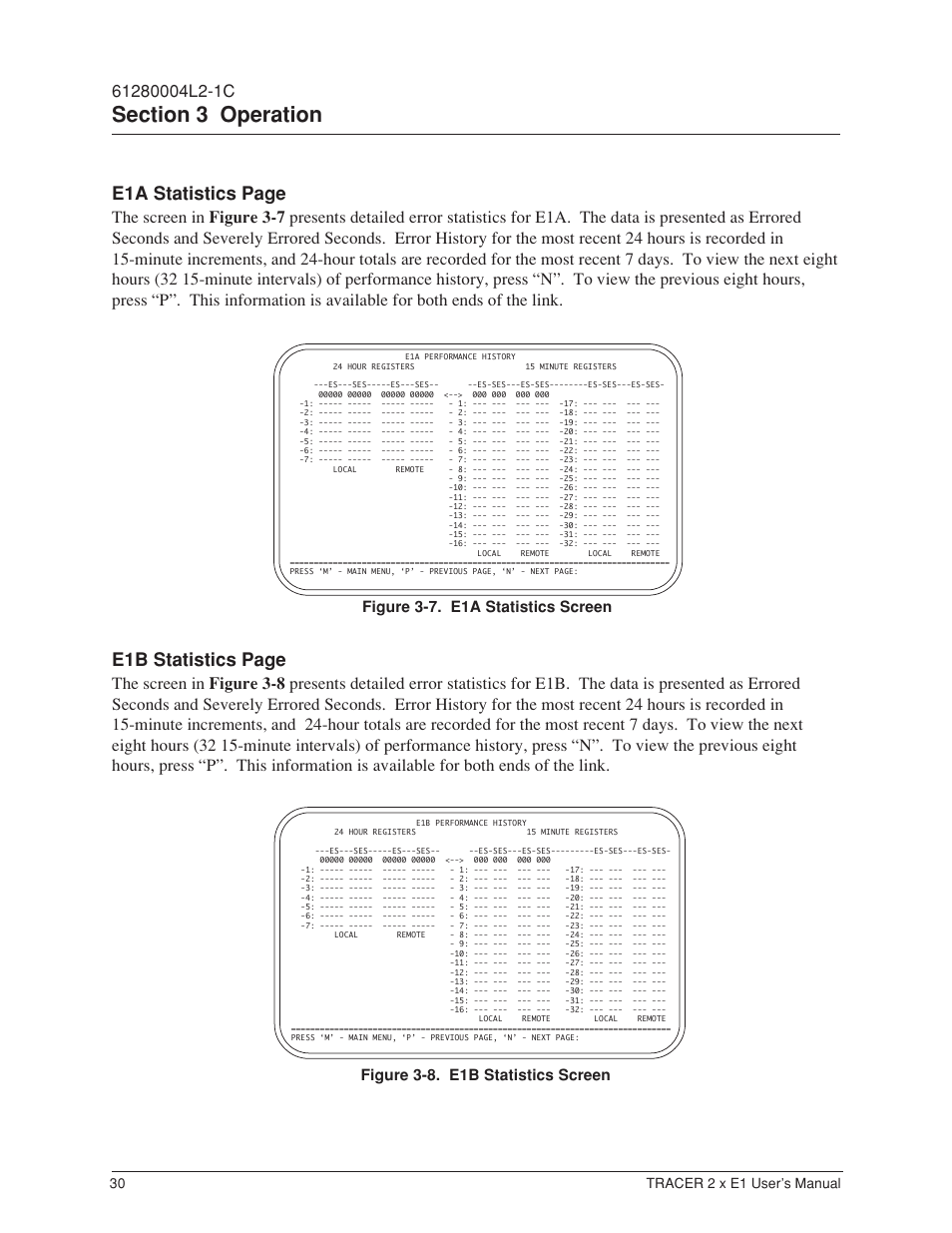 Figure 3-7, E1a statistics screen, Figure 3-8 | E1b statistics screen, E1a statistics page, E1b statistics page | ADTRAN Tracer 2 x E1 User Manual | Page 40 / 62