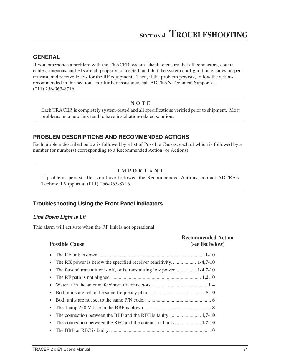 Section 4. troubleshooting, General, Problem descriptions and recommended actions | Troubleshooting using the front panel indicators, Link down ” light is lit, Roubleshooting | ADTRAN Tracer 2 x E1 User Manual | Page 41 / 62