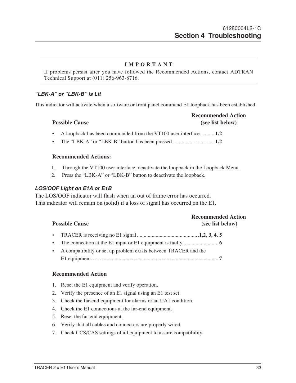 Lbk-a” or “lbk-b” is lit, Los/oof light on e1a or e1b is lit | ADTRAN Tracer 2 x E1 User Manual | Page 43 / 62