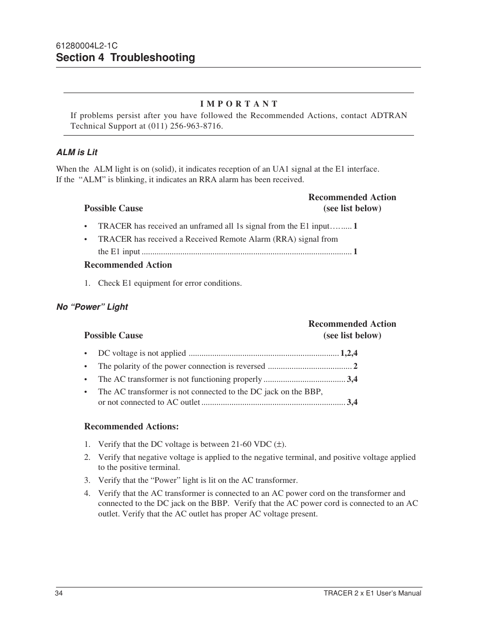 Alm is lit, No “power” light | ADTRAN Tracer 2 x E1 User Manual | Page 44 / 62