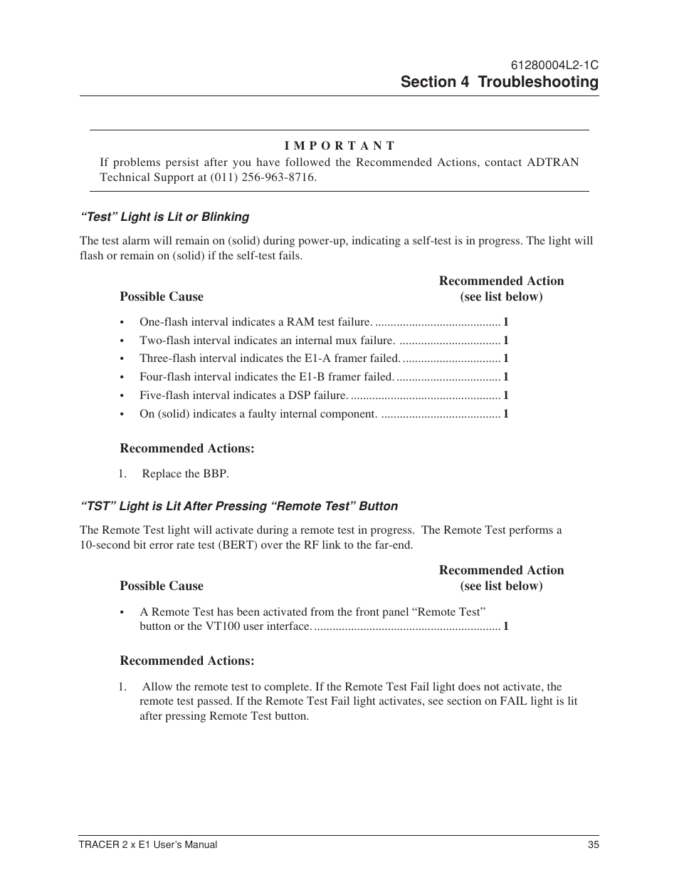 Test” light is lit or blinking | ADTRAN Tracer 2 x E1 User Manual | Page 45 / 62