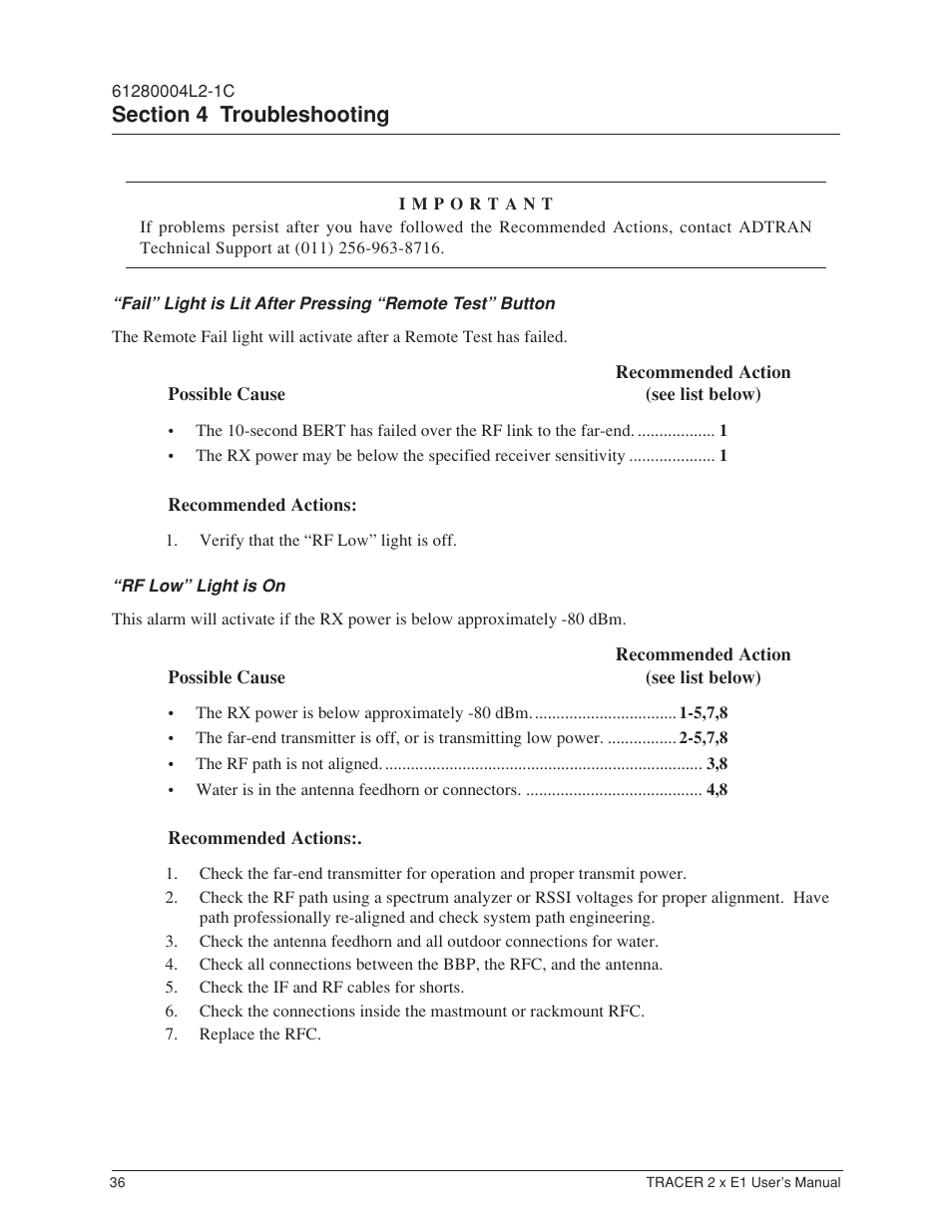 Rf low” light is on | ADTRAN Tracer 2 x E1 User Manual | Page 46 / 62