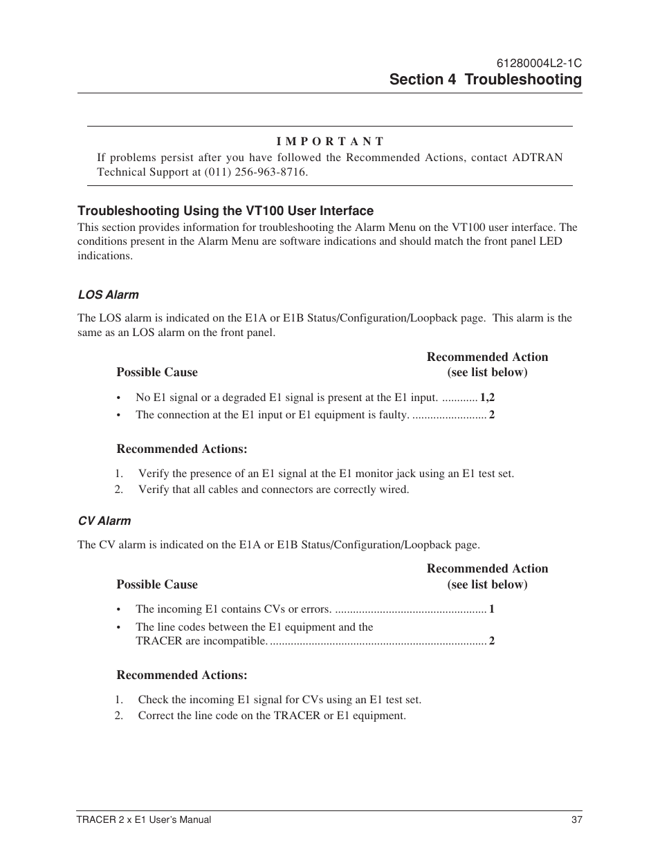 Troubleshooting using the vt100 user interface, Los alarm, Cv alarm | ADTRAN Tracer 2 x E1 User Manual | Page 47 / 62