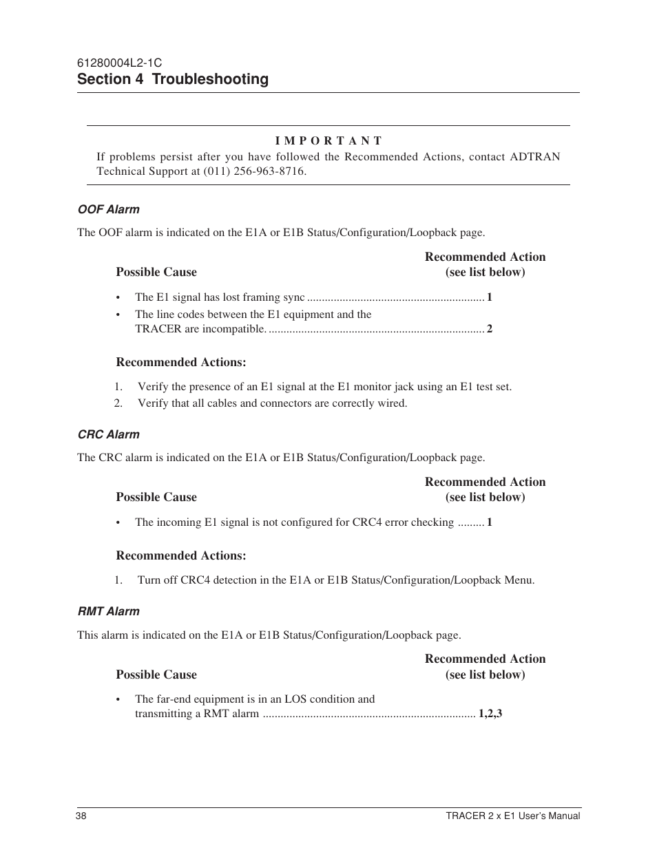 Oof alarm, Crc alarm, Rmt alarm | ADTRAN Tracer 2 x E1 User Manual | Page 48 / 62