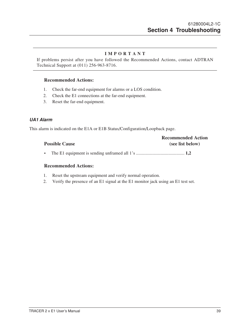 Ua1 alarm | ADTRAN Tracer 2 x E1 User Manual | Page 49 / 62