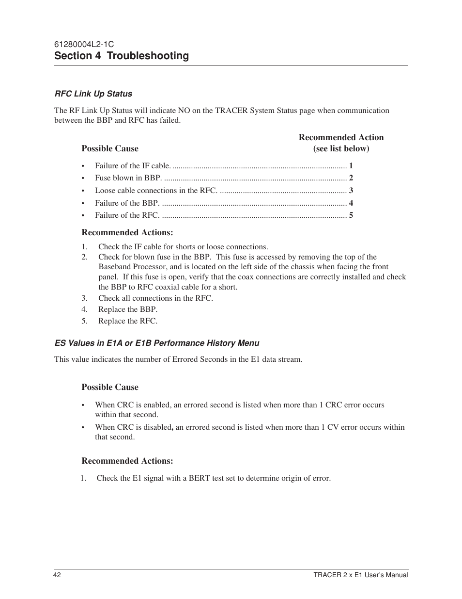 Rfc link up status, Es values in e1a or e1b performance history menu | ADTRAN Tracer 2 x E1 User Manual | Page 52 / 62