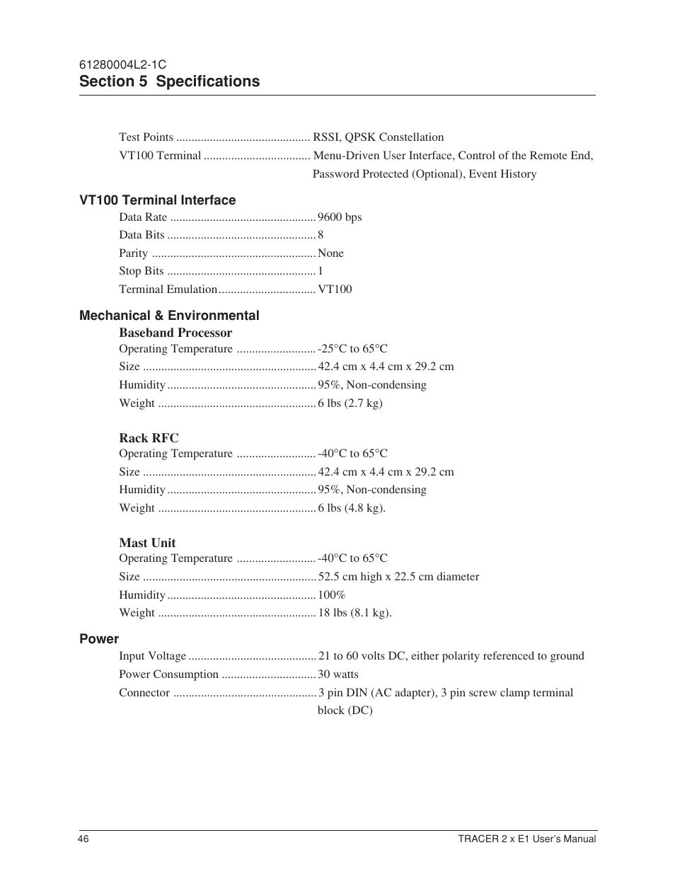 Vt100 terminal interface, Mechanical & environmental, Power | ADTRAN Tracer 2 x E1 User Manual | Page 56 / 62