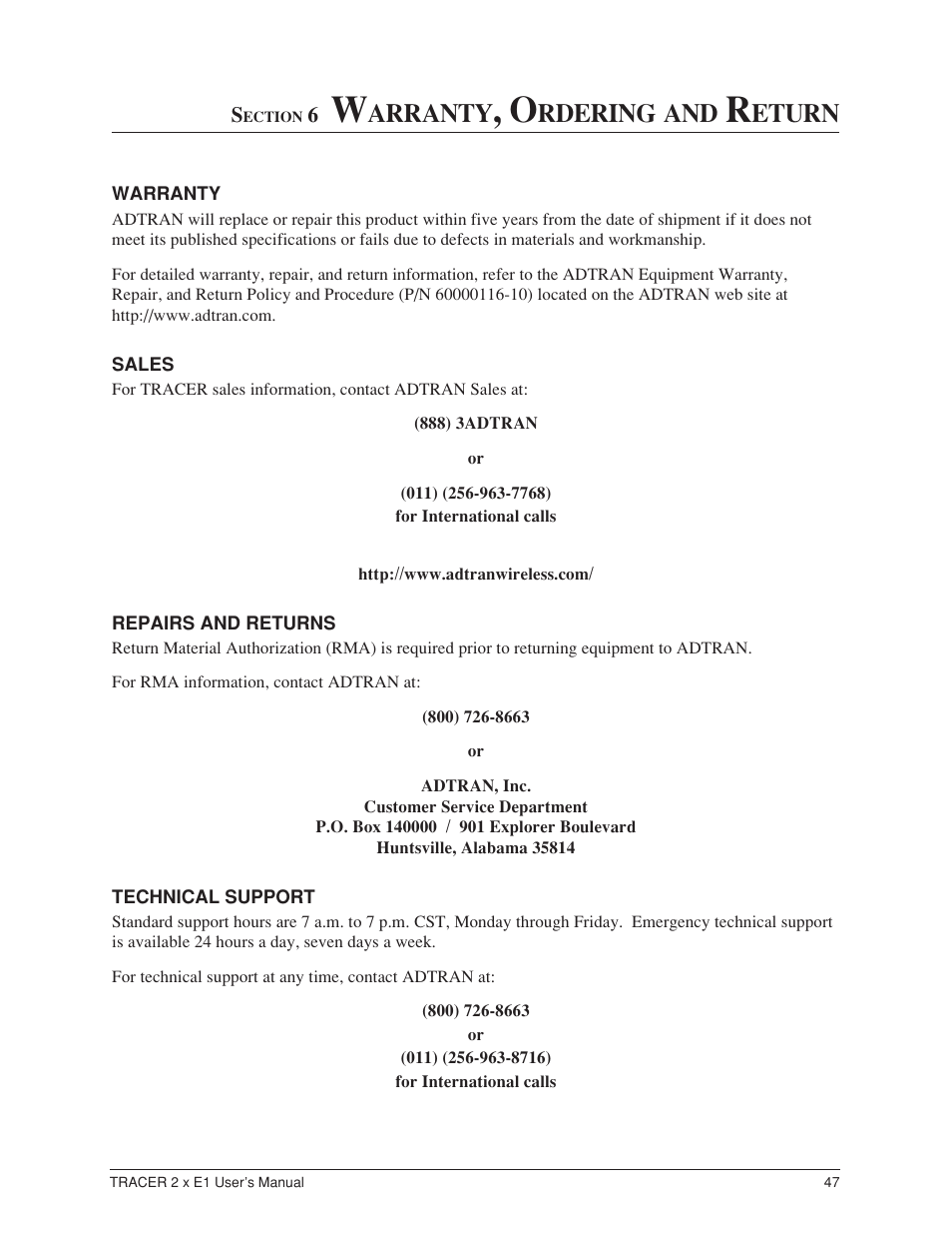 Section 6. warranty, ordering and return, Warranty, Sales | Repairs and returns, Technical support, Arranty, Rdering, Eturn | ADTRAN Tracer 2 x E1 User Manual | Page 57 / 62