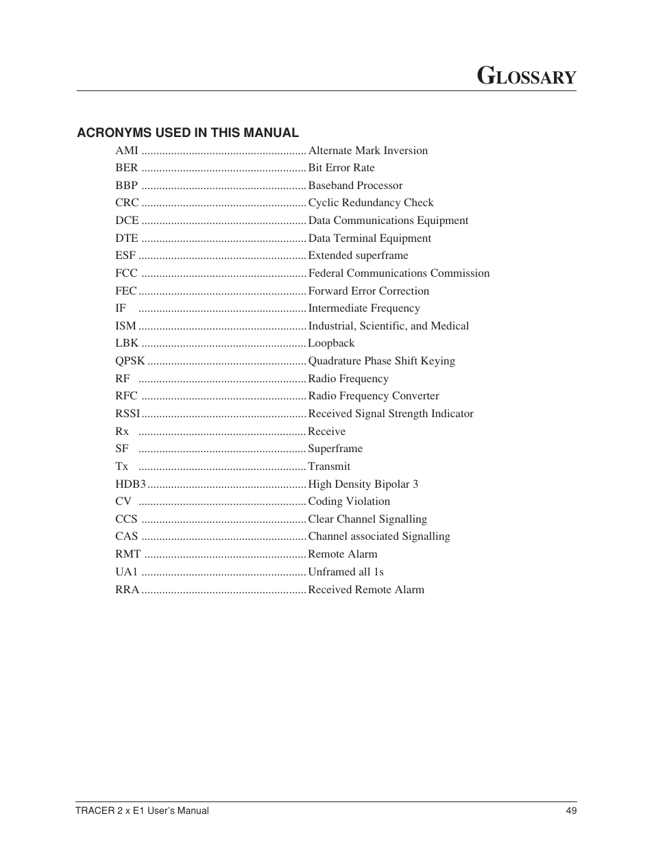 Glossary, Acronyms used in this manual, Lossary | ADTRAN Tracer 2 x E1 User Manual | Page 59 / 62