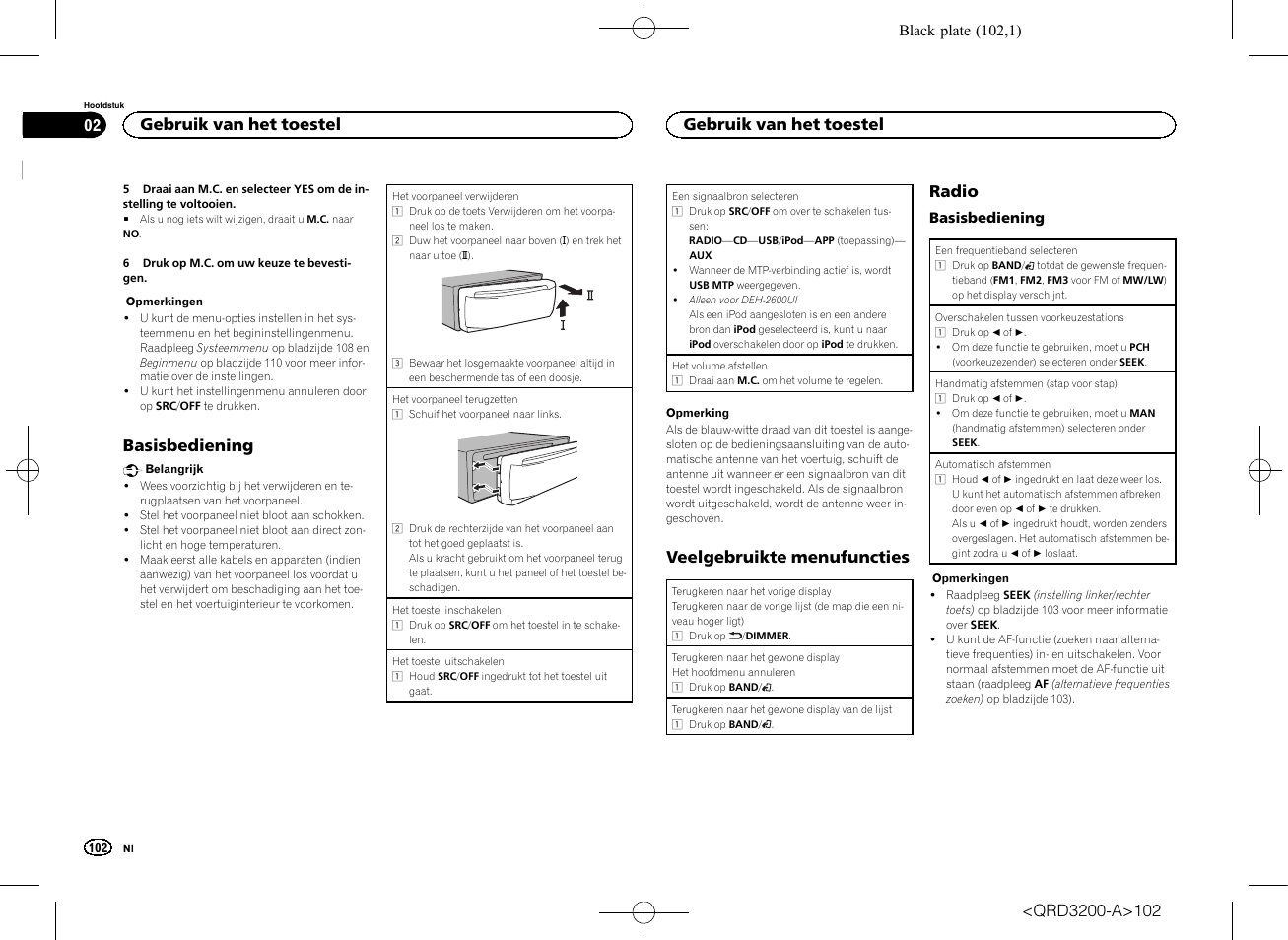 Basisbediening, Veelgebruikte menufuncties, Radio | Gebruik van het toestel | Pioneer DEH-2600UI User Manual | Page 102 / 148