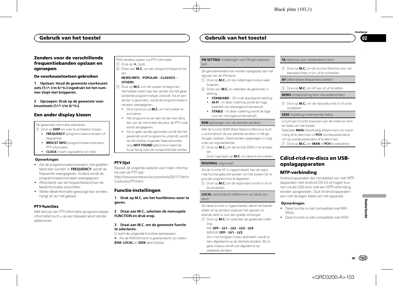 Seek (instelling linker/rechter, Toets) op bladzijde 103, Af (alternatieve frequenties | Zoeken) op bladzijde 103), Cd/cd-r/cd-rw-discs en usb- opslagapparaten, Gebruik van het toestel | Pioneer DEH-2600UI User Manual | Page 103 / 148
