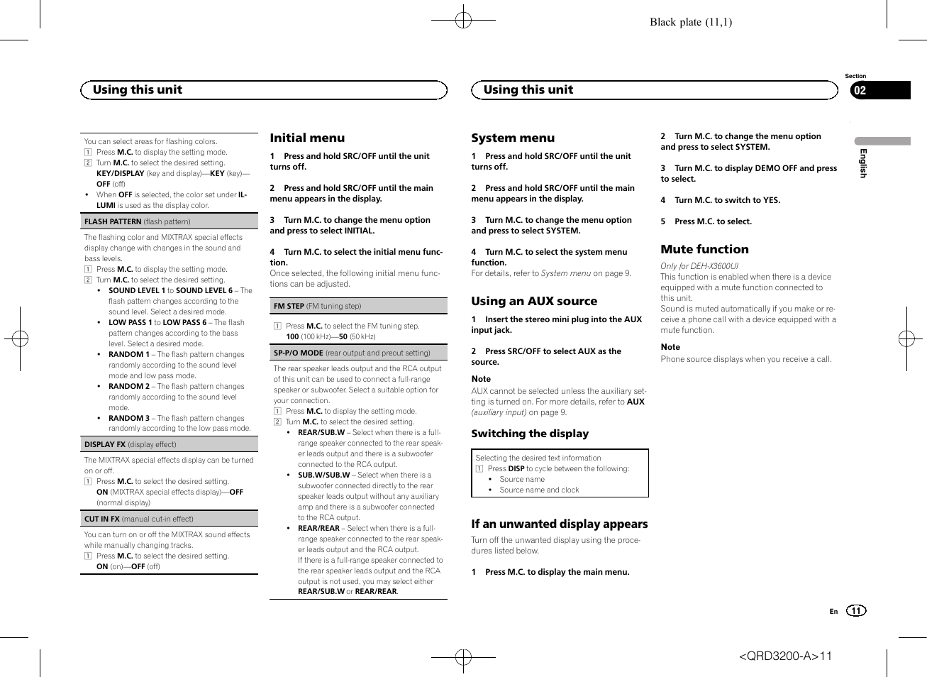 Sp-p/o mode (rear output and preout set, Initial menu, System menu | Using an aux source, If an unwanted display appears, Mute function, Using this unit | Pioneer DEH-2600UI User Manual | Page 11 / 148