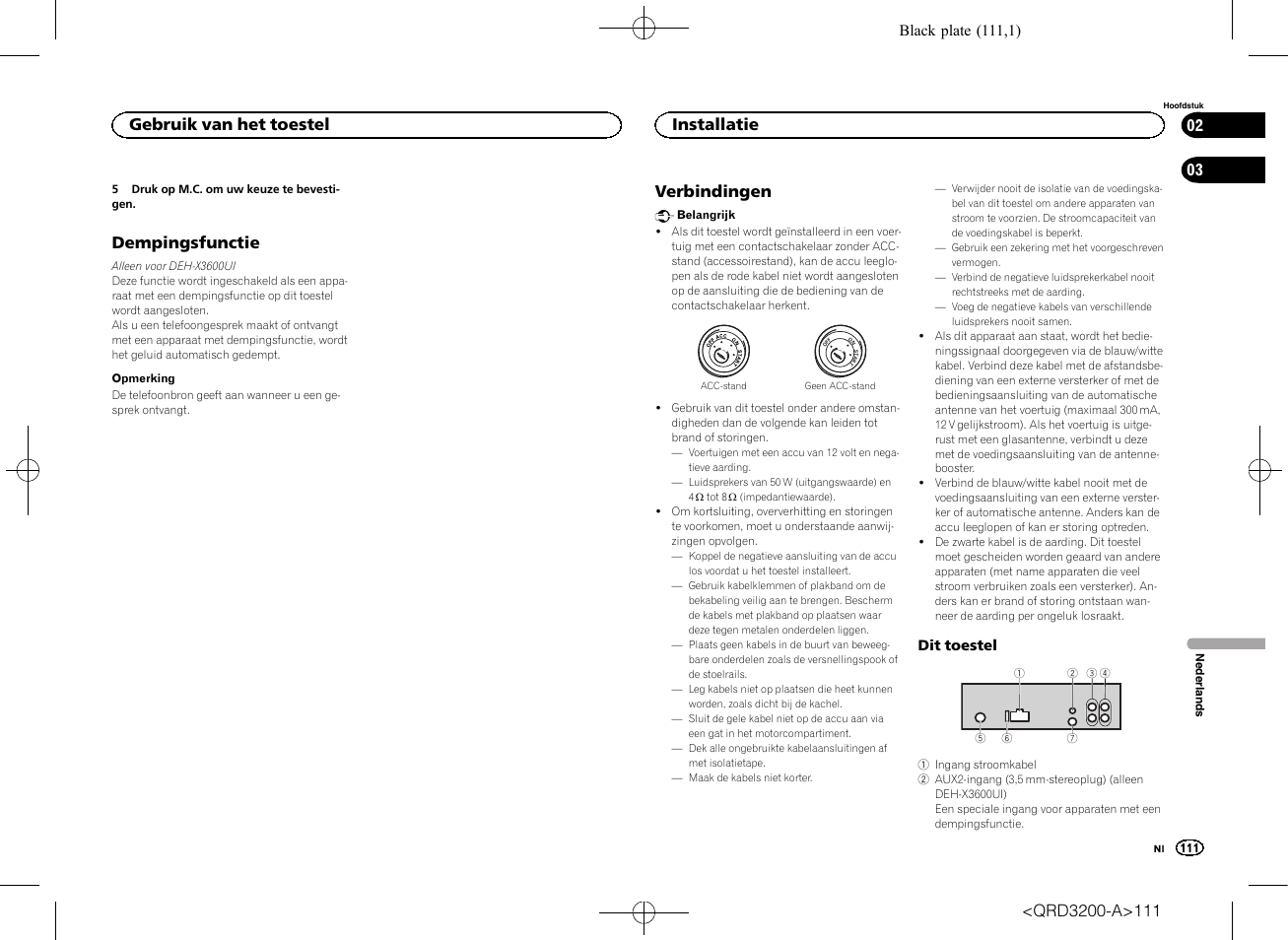 Dempingsfunctie, Verbindingen, Gebruik van het toestel | Installatie | Pioneer DEH-2600UI User Manual | Page 111 / 148