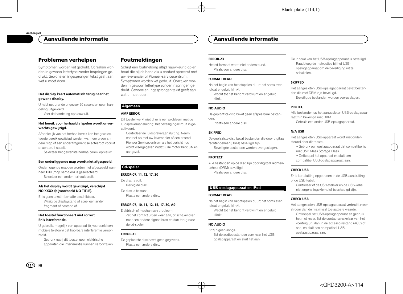 Problemen verhelpen, Foutmeldingen, Aanvullende informatie | Pioneer DEH-2600UI User Manual | Page 114 / 148