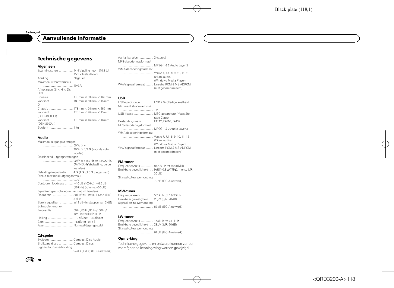 Technische gegevens, Aanvullende informatie, Black plate (118,1) | Pioneer DEH-2600UI User Manual | Page 118 / 148