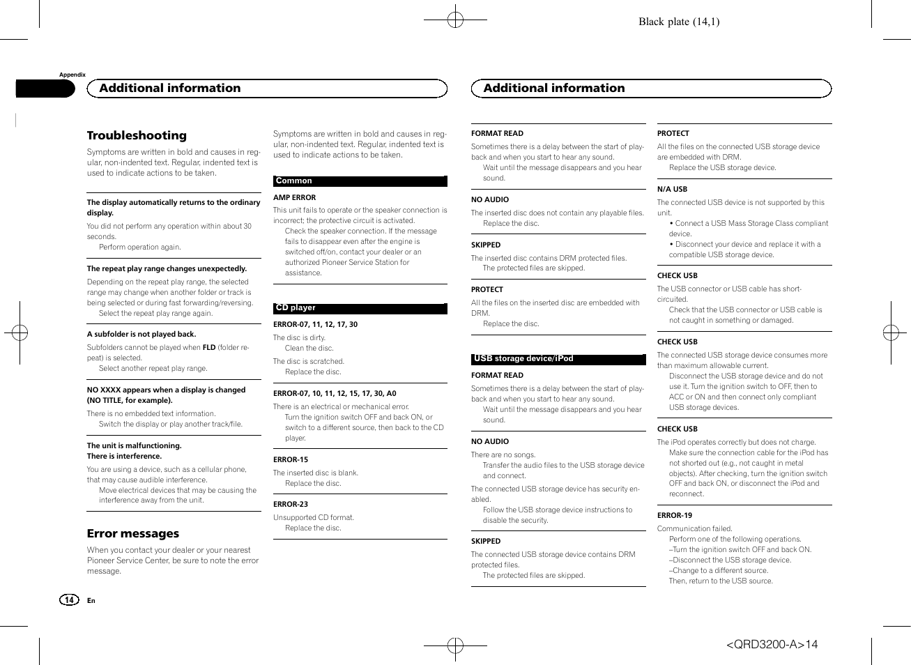 Troubleshooting, Error messages, Additional information | Pioneer DEH-2600UI User Manual | Page 14 / 148