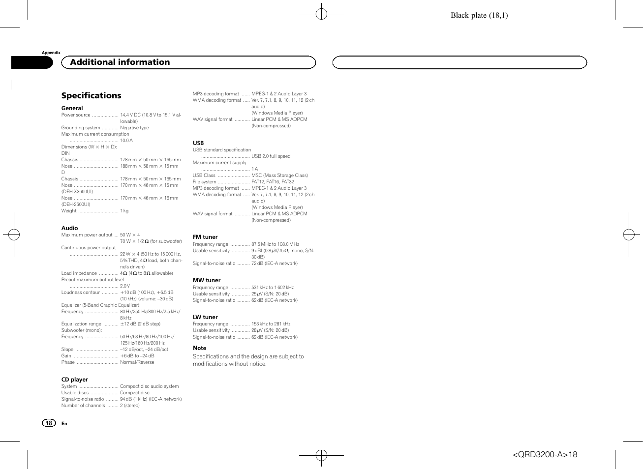 Specifications, Additional information, Black plate (18,1) | Pioneer DEH-2600UI User Manual | Page 18 / 148