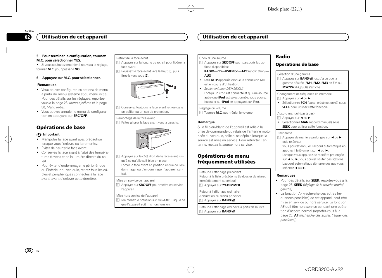 Opérations de base, Opérations de menu fréquemment utilisées, Radio | Utilisation de cet appareil | Pioneer DEH-2600UI User Manual | Page 22 / 148