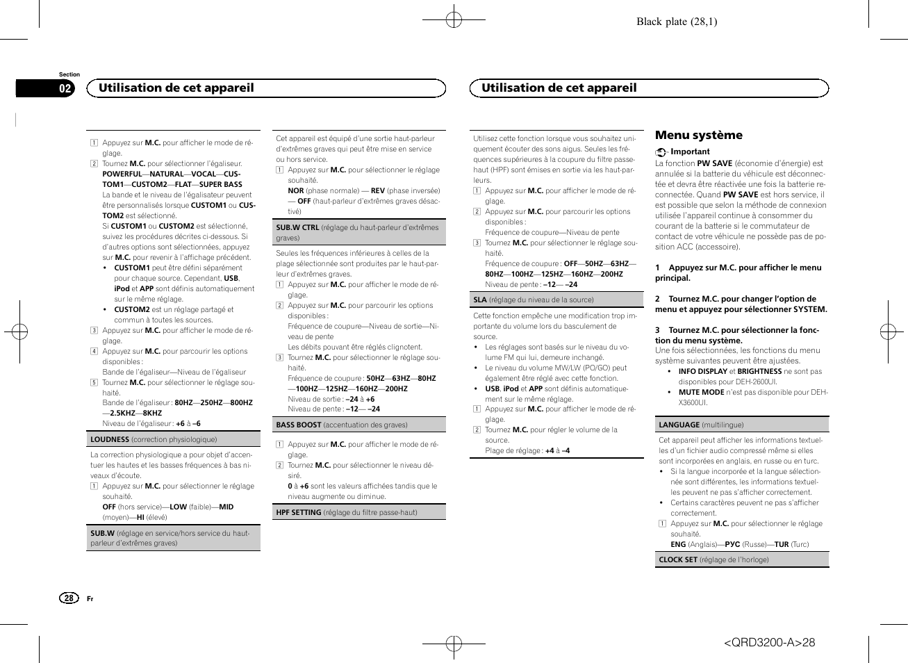Sub.w (ré, Glage en service/hors service du haut-parleur d, Extrêmes graves) | Menu système, Utilisation de cet appareil | Pioneer DEH-2600UI User Manual | Page 28 / 148