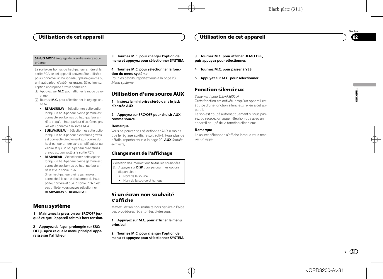 Sp-p/o mode (réglage de la sor, Tie arrière et du préamp), Sp-p/o mode (réglage | De la sortie arrière et du préamp), Menu système, Utilisation d ’une source aux, Si un écran non souhaité s ’affiche, Fonction silencieux, Utilisation de cet appareil | Pioneer DEH-2600UI User Manual | Page 31 / 148