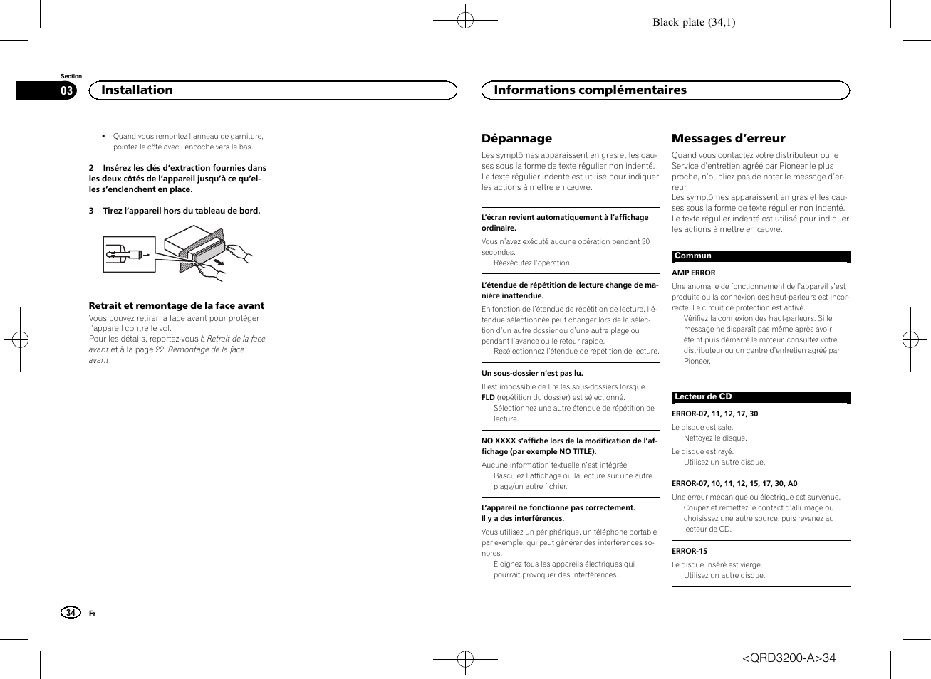 Dépannage, Messages d ’erreur, Installation | Informations complémentaires | Pioneer DEH-2600UI User Manual | Page 34 / 148