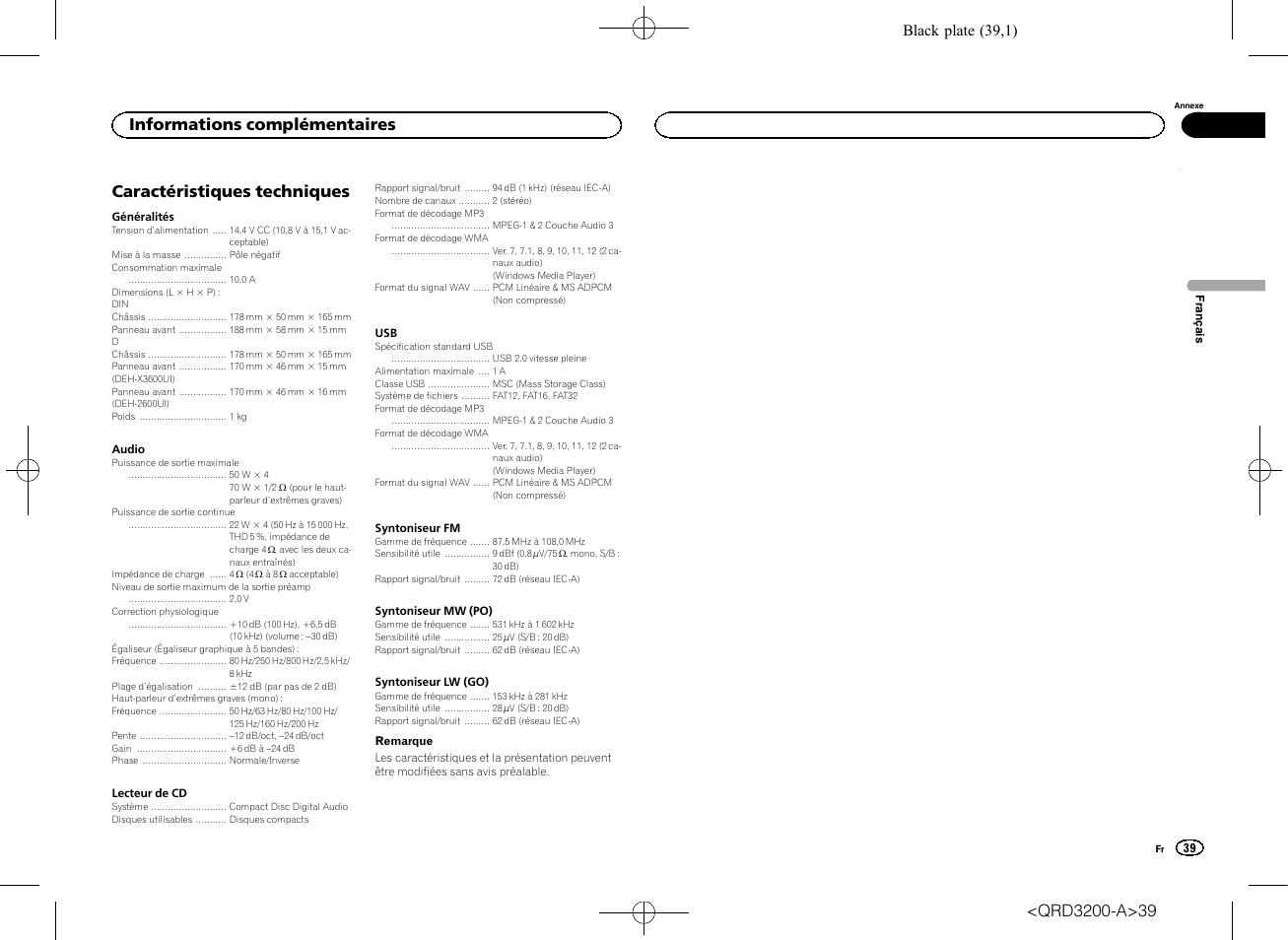 Caractéristiques techniques, Informations complémentaires, Black plate (39,1) | Pioneer DEH-2600UI User Manual | Page 39 / 148